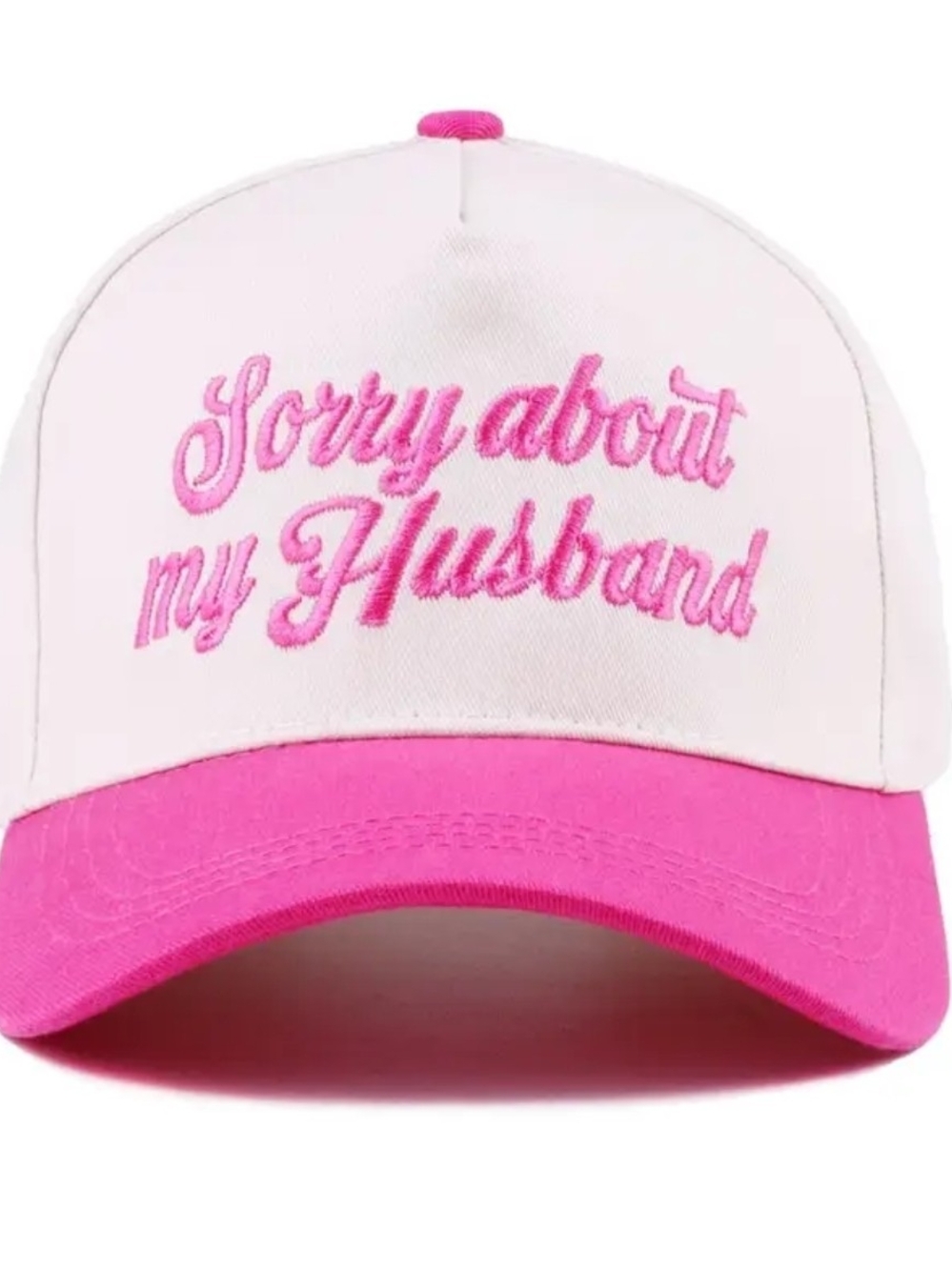 Sorry About My Husband Pink & White Embroidered Trucker Hat